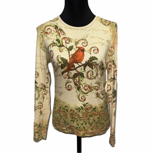 My Christmas Cardinal Bird Print Long Sleeve Top Cream Brown Cotton Small